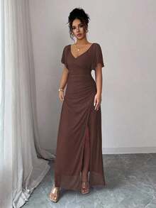 Elenzya Vestido morado claro con cuello en V, mangas con volantes, cintura plisada y abertura, vestido elegante de dama de honor, vestido de fiesta, primavera/verano - Marrón - Ver 4