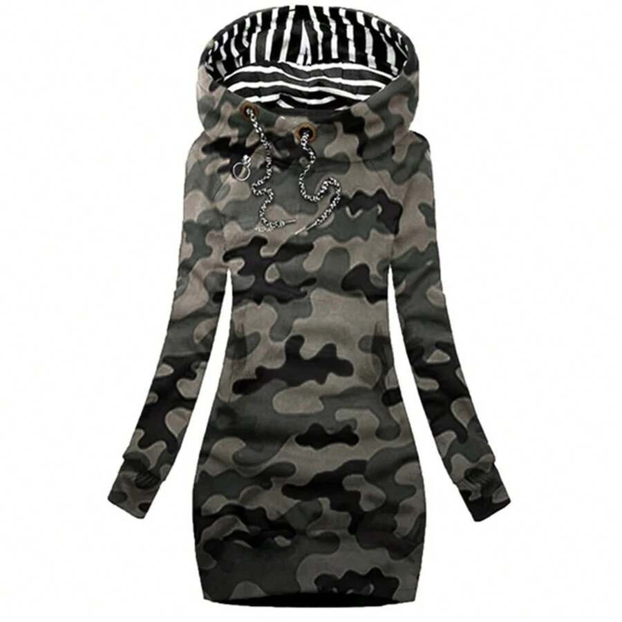 Vestido con capucha Casual Color sólido Manga larga Cordón Sudadera con capucha Vestido delgado con capucha Jersey Sudadera Vestido - Verde camuflaje - Ver 1