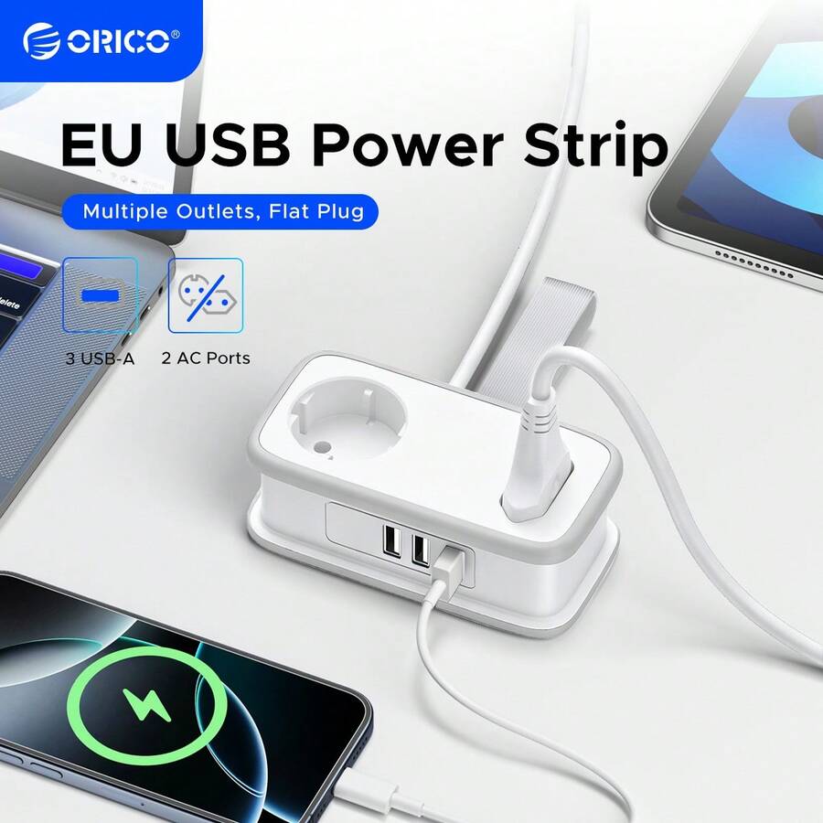 ORICO 欧洲便携式旅行电源插座,5 合 1,带 2 个交流电源插座、2 个 USB-A 端口和 1 个 USB-C 端口,45° 扁平插头延长线,无浪涌保护,适用于旅行/家庭/宿舍/办公室 - 查看 1