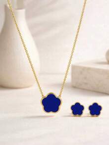 Bộ trang sức 3 món thanh lịch hình cỏ năm lá và hoa bằng thép không gỉ dành cho nữ, mạ vàng 18K không bị xỉn màu, dây chuyền và bông tai dạng đinh tán, chống thấm nước và chống dị ứng, dây đeo xương đòn, trang sức tối giản sang trọng, quà tặng cho người yêu. - Bộ hoa đơn năm cánh - Xem 4