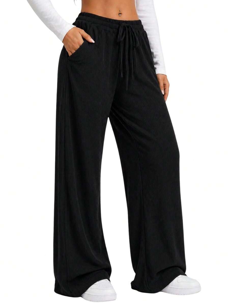 Women's Ribbed Wide-Leg Pants, High Waist, With Drawstring, Comfortable And Casual, Sizes P To G2 Plus Size - Black - View 1