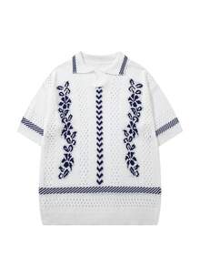 Áo polo nam cổ điển phối màu tương phản họa tiết dây leo jacquard, áo dệt kim ngắn tay thoải mái thường ngày đa năng cho công việc & kỳ nghỉ, áo len trắng - trắng - Xem 2