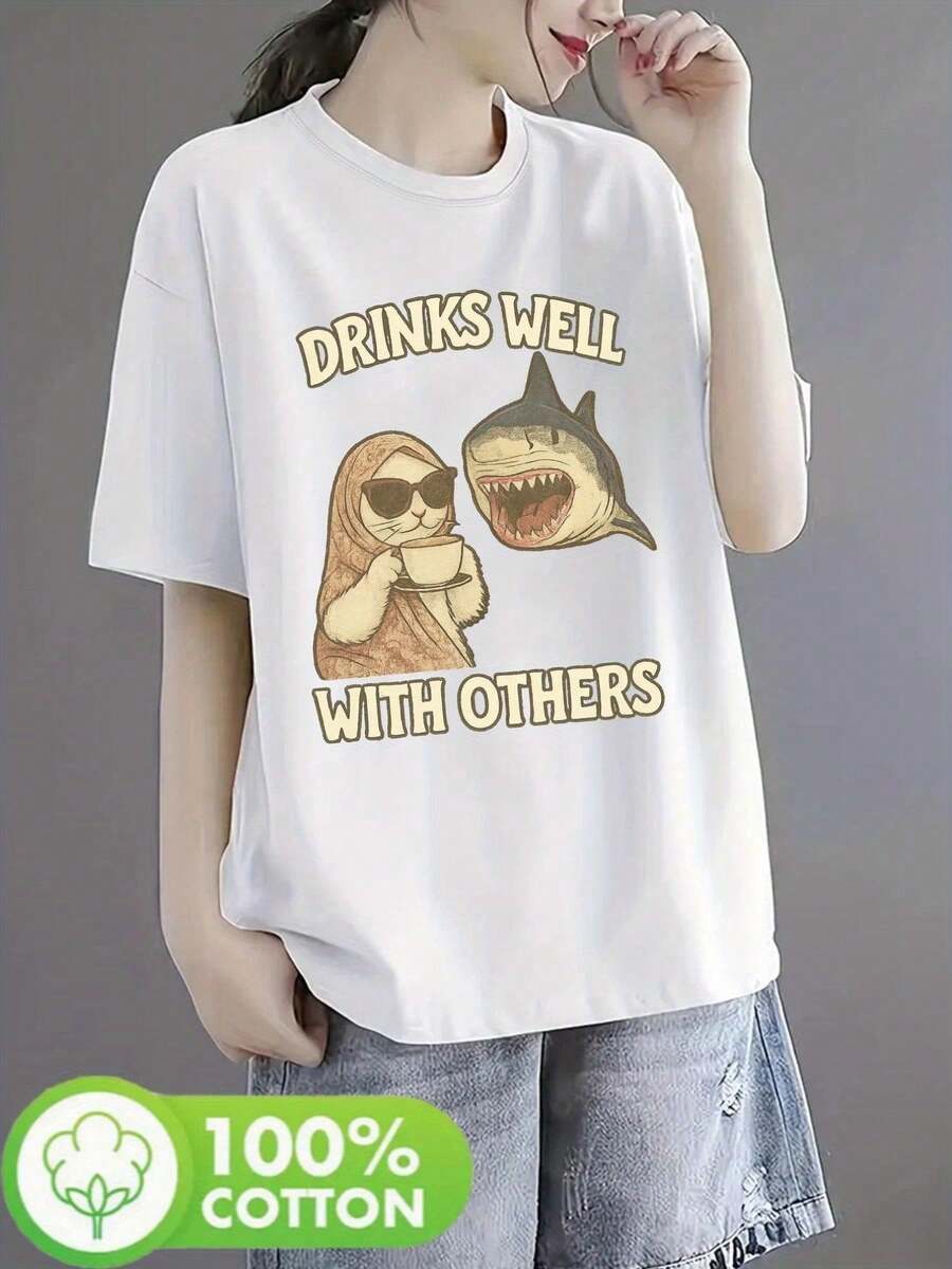 Women's Local Funny Graphic T-Shirt | "Drinking With Others" Slogan - Soft White Crew Neck Top - Suitable For Party, Going Out, Everyday Casual - Breathable With Geometric Pattern (Opens In New Tab) - 白色 - 查看 1
