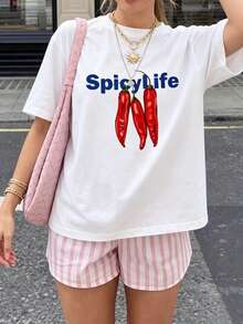 女士“Spicy Life”辣椒印花T恤 - 甜辣风格，宽松圆领短袖上衣 - 百搭白色针织夏季休闲装 - 白色 - 查看 3