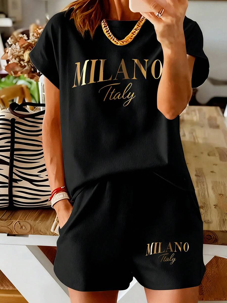 Conjunto de Mujer con Estampado de Letras de Milán - Manga Corta y Pantalones Cortos -  de Moda Femenina Casual y Cómoda - negro negro - Ver 1