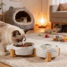 陶瓷猫狗碗，竹底，坚固耐用，防溢防呛，宠物食品水碗套装，易于清洁，适用于猫、狗、幼犬，耐用陶瓷宠物碗，带防滑竹底 - 395ml - 查看 9