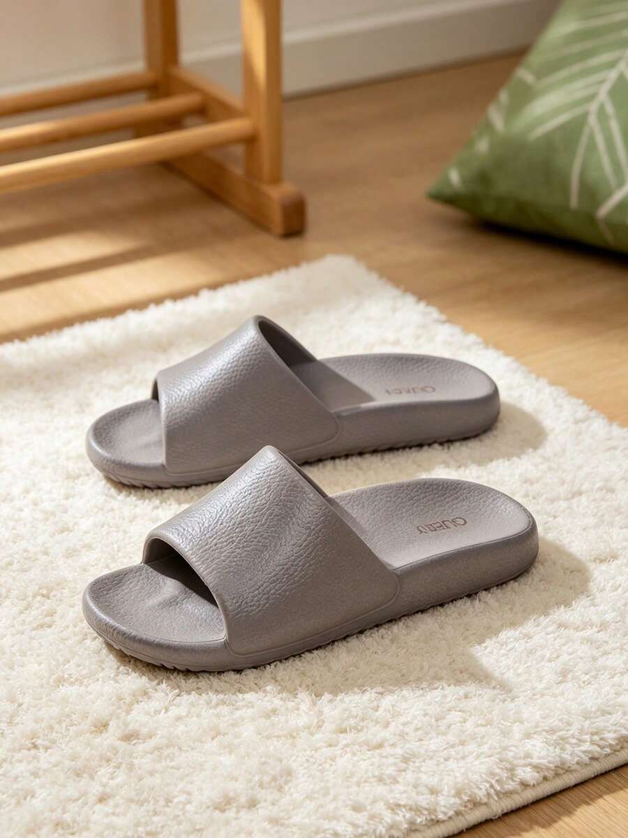 Men's Summer Simple Solid Color Textured Upper, Soft & Thick Sole, Quick-Drying & Easy Care, Suitable For Home, Bathroom, Daily Wear, Versatile Slippers - Light Grey - View 1