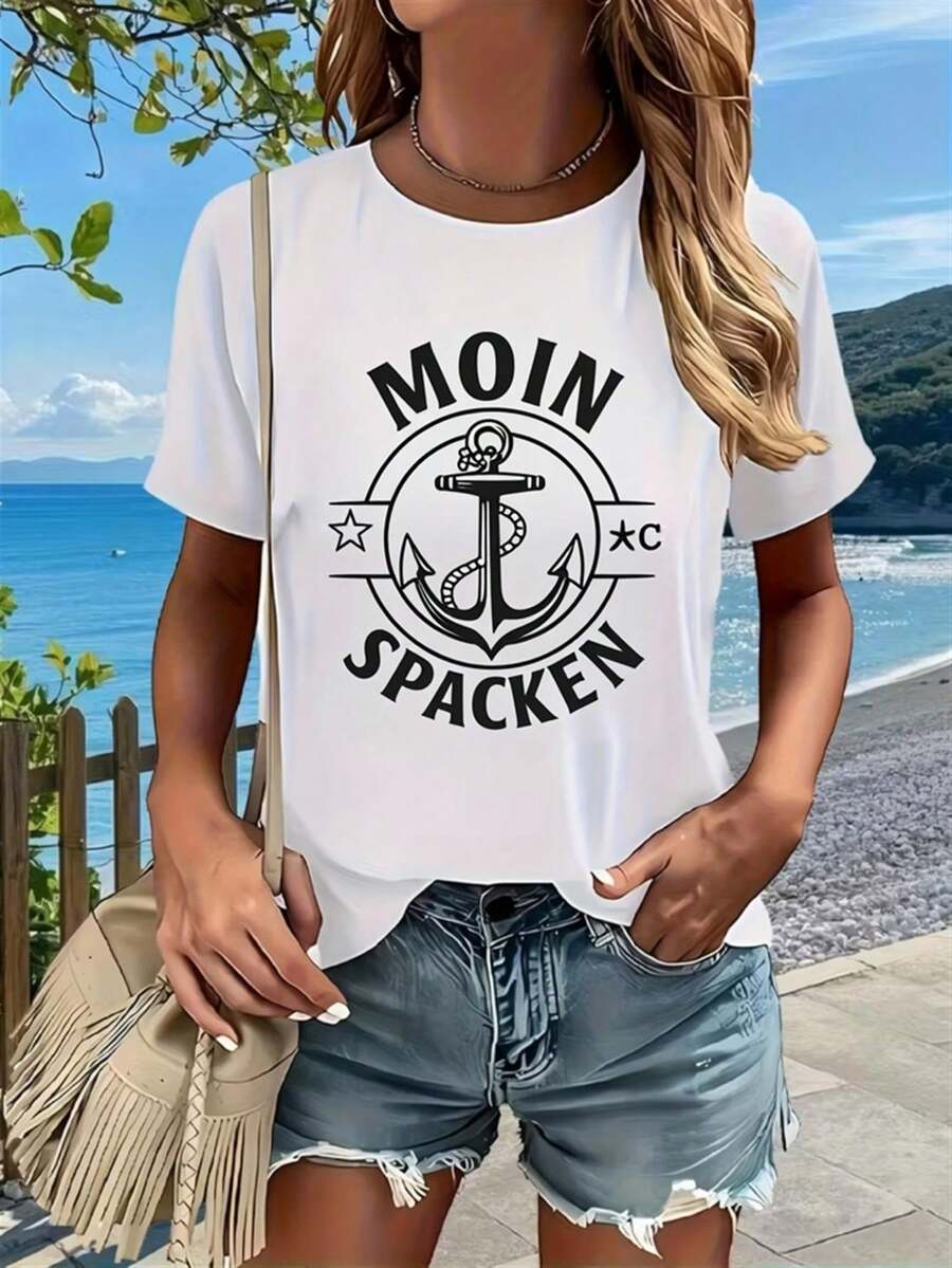 Women's Nautical Anchor Print Short Sleeve T-Shirt | Moin Spaen Soft Crew Neck Design, Casual Summer Beachwear, All-Season Machine Washable, Suitable For Daily And Beach Wear - 白色 - 查看 1