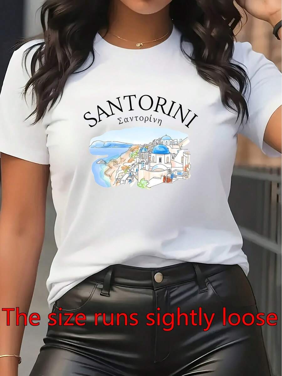 Camiseta de manga corta impresa con acuarela de Santorini para mujeres Cuello de tripulación transpirable y cómodo, perfecto para todas las estaciones, ideal para vacaciones en la playa, reuniones sociales y salidas informales
