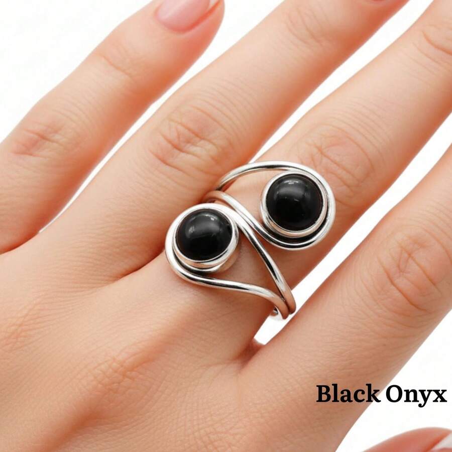 Black Onyx 925 Sterling Silver Gemstone Adjustable Ring - 黑瑪瑙 - 查看 1