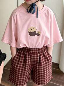 Top de manga corta sencillo, informal y bonito con estampado para niños, ideal para el verano. - Rosa - Ver 6