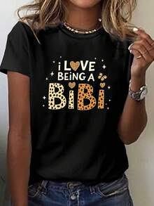 Love Being Bibi Leopard Heart Print T-Shirt, Short Sleeve Crew Neck Casual Top for Summer And Spring, Women'S Clothing - Negro - Ver 2