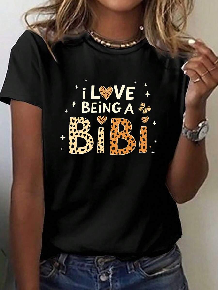 Love Being Bibi Leopard Heart Print T-Shirt, Short Sleeve Crew Neck Casual Top for Summer And Spring, Women'S Clothing
