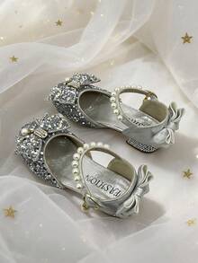 1 Pair Girls' Princess Shoes With Bow & Pearl Decor, Party Wear Children Shoes - Silver - View 6