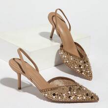 Nuevos sandalias con rhinestones y lentejuelas para mujeres, zapatos de tacón alto de aguja con tiras de malla y puntera puntiaguda, sandalias de tacón de aguja de moda - Marrón - Ver 2