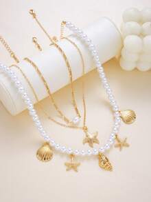 Set de 3 collares minimalistas de estilo bohemio con colgante de estrella de mar de concha falsa, collares multicapa para mujeres, parejas, hermanas, adecuados para verano, vacaciones, citas, diario, fiesta, boda, regalo para mamá, amigos - Amarillo Oro - Ver 7