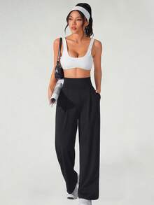 Women's Solid Color High Waisted Pleated Pocket Wide Leg Sports Pants Suitable For Spring And Summer Sports And Leisure - 黑色 - 查看 5