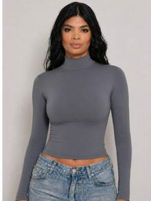 Moderna & Slim Women's Long Sleeve High Neck Blouse, Basic Second Skin Style, Extended Neck, Fitted, Comfortable For Winter - Grey - View 1