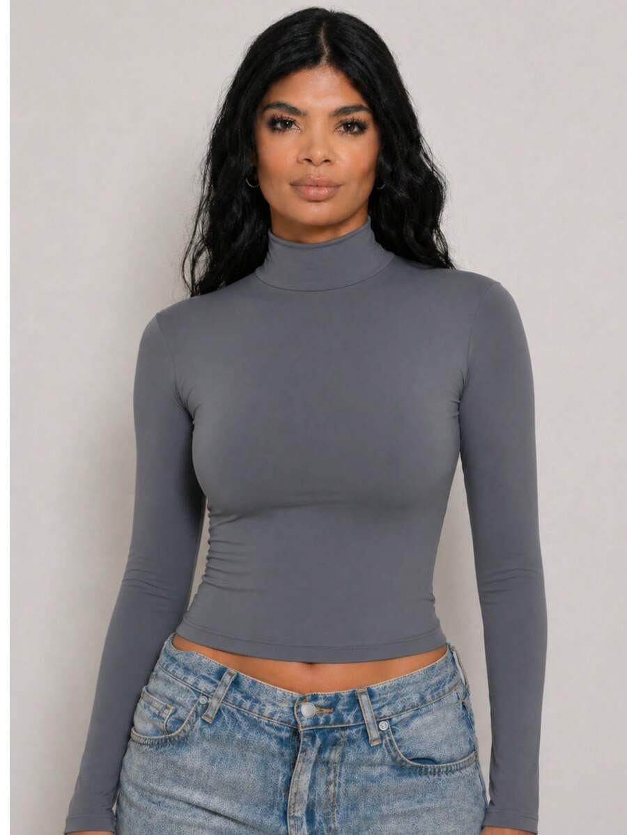 Moderna & Slim Women's Long Sleeve High Neck Blouse, Basic Second Skin Style, Extended Neck, Fitted, Comfortable For Winter - Grey - View 1