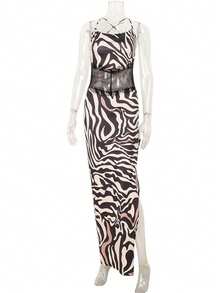 Long Strappy Printed Dress With Open Back And A Sensual Slit - 金色 - 查看 5