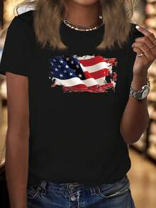 Plus Size, Women's T-Shirt, Vintage American Flag Print - Comfort Fit, Short Sleeve, Round Neck, Casual Patriotic Design, All-Season Wear | Matte Fabric, Cotton Top - 黑色 - 查看 1