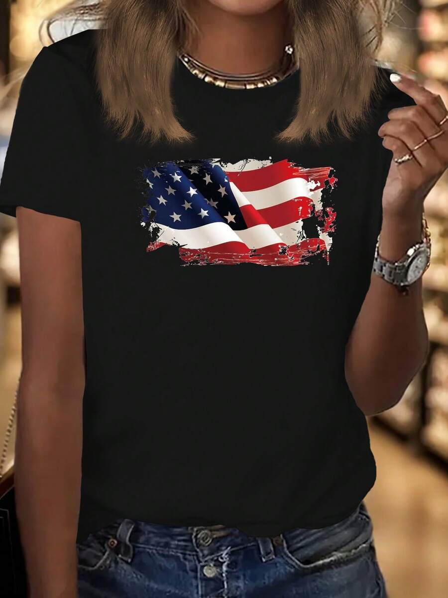 Plus Size, Women's T-Shirt, Vintage American Flag Print - Comfort Fit, Short Sleeve, Round Neck, Casual Patriotic Design, All-Season Wear | Matte Fabric, Cotton Top - 黑色 - 查看 1