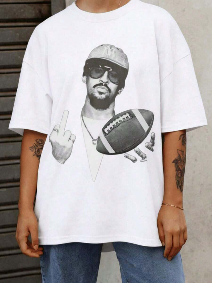 1 Piece Of Women's Oversized T-Shirt, Retro Punk Style, With Vintage Graphic Print Of American Football Hand Gesture, 100% Cotton, Round Neck - Unisex Urban Vintage Style T-Shirt, Loose Fit, Short Sleeve And Round Neck. - 白色 - 查看 1