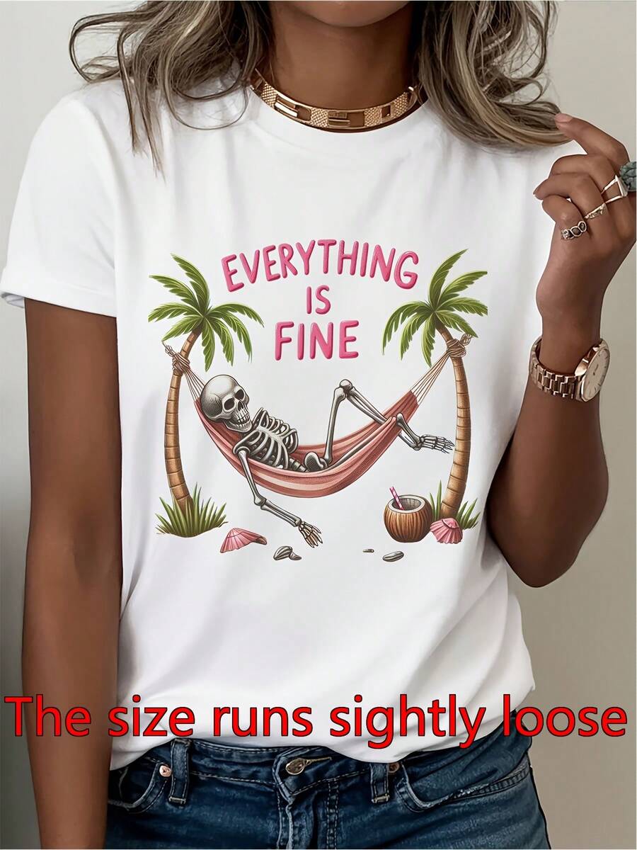 Todo está bien, verano debe tener nuevo producto adecuado tanto para la primavera como para el verano camiseta de moda cómoda y informal para mujeres, cuello redondo diseño impreso de manga corta, primavera y verano