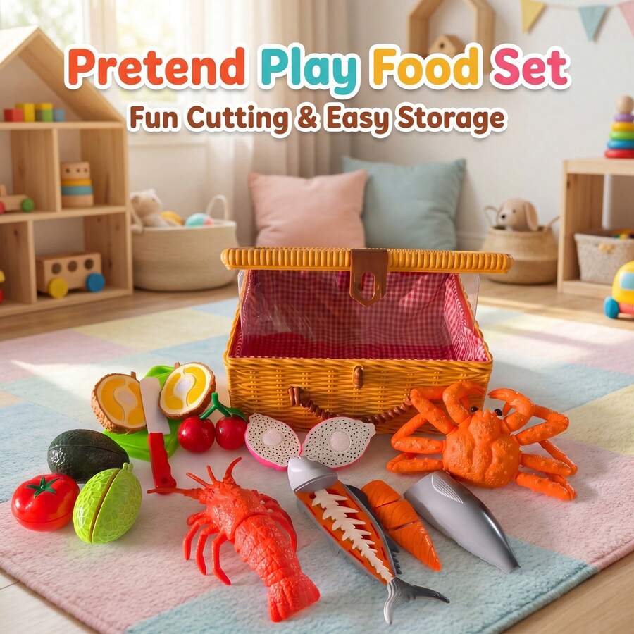 Kids Kitchen Toy Set, Funny Fruit Cutting Toy & Seafood Model, Highly Realistic, Large Capacity Storage Box & Picnic Basket, Detachable & Assembled, Classified Storage, Kitchen Toy, Can Be Used As Decoration, Portable, Practical, Great Gift For Halloween And Christmas
