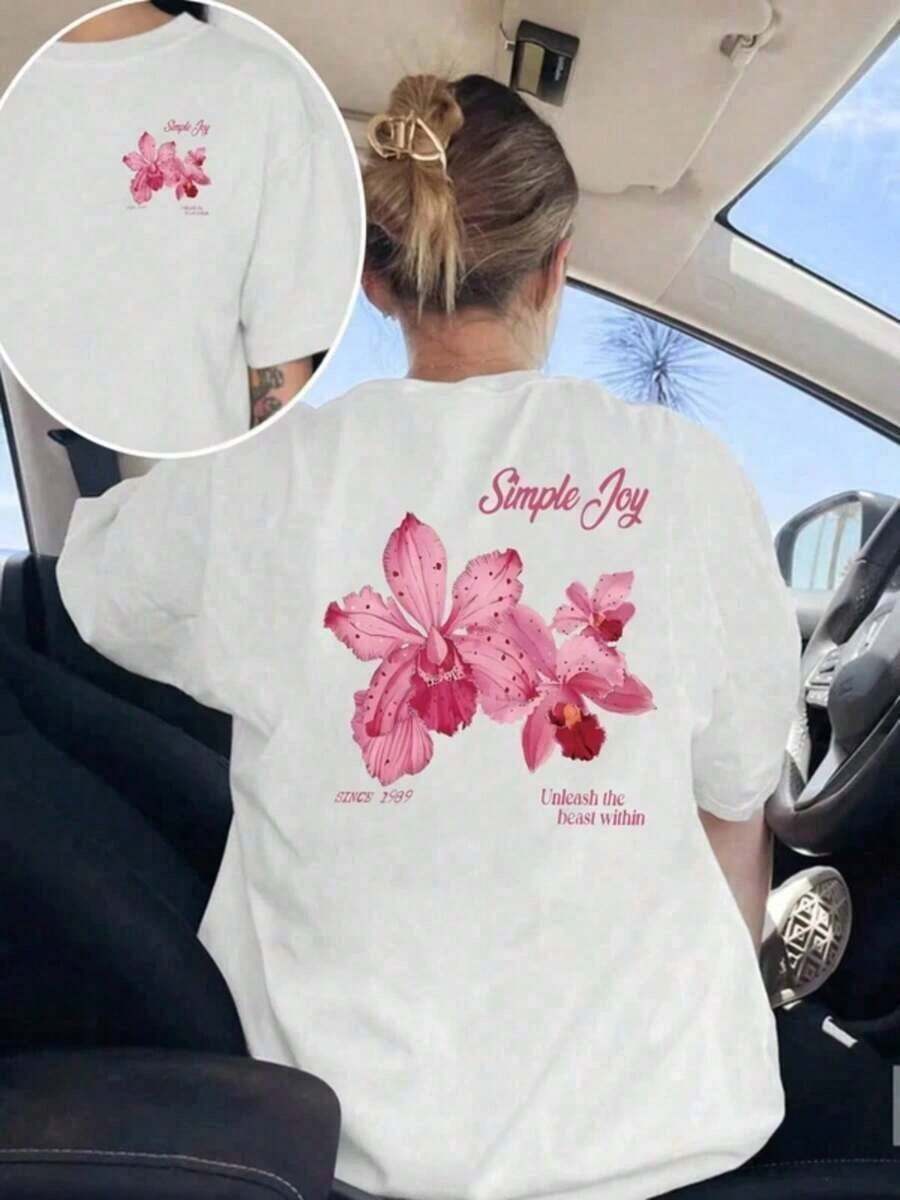 GiftGiftCamiseta de Mujer con Estampado Floral de Orquídea Rosa, Cuello Redondo, Manga Corta, Top de Algodón, Camiseta de Verano Y2k, Ropa Cómoda para MujeresSoftSoft - Blanco - Ver 1