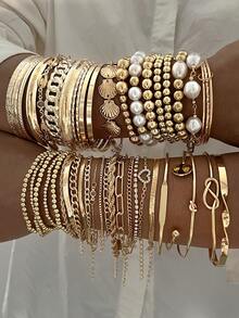 22/9/7 Pcs Fashionable Minimalist Elegant Delicate Vintage Design Geometric Strap, Shell Faux Pearl Beaded Splice Design, Lock Chain, Twist Knot, Round Bead, Braided, Cross Round Slice, Rhinestone, Shiny, Embossed Texture Snake Bone Chain, Box Chain, Metal Minimalist Plain Chain Bracelet Set, Suitable For Holiday, Party, Gift - Yellow Gold - View 5