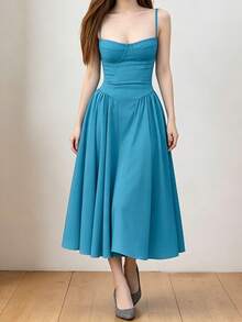 2026 Spring New Women's Clothing: Cross-Border European And American Dress, Elegant French Retro Waist-Cinching Strap Dress - 藍色 - 查看 3