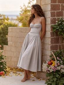 2026 Spring New Women's Clothing: Cross-Border European And American Dress, Elegant French Retro Waist-Cinching Strap Dress - 淺灰色 - 查看 7