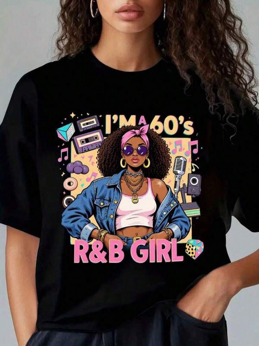 Jag är en 60-talsfanatiker. T-shirt med retrotryck.|Damt-shirt med färgglad illustration av en självS-abbath kvinna i vintagestil, rolig design, perfekt vardagsplagg för sommaren, för musikälskare, rund hals, kortärmad, lös pa-ssform, rent snitt, retro-t-shirt för kvinnor, topp med roligt bokstavstryck, kortärmad t-shirt. - Svart - Visa 1