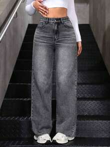 Pantalones vaqueros anchos sueltos y versátiles de mujer con diseño de bolsillos - Gris - Ver 1
