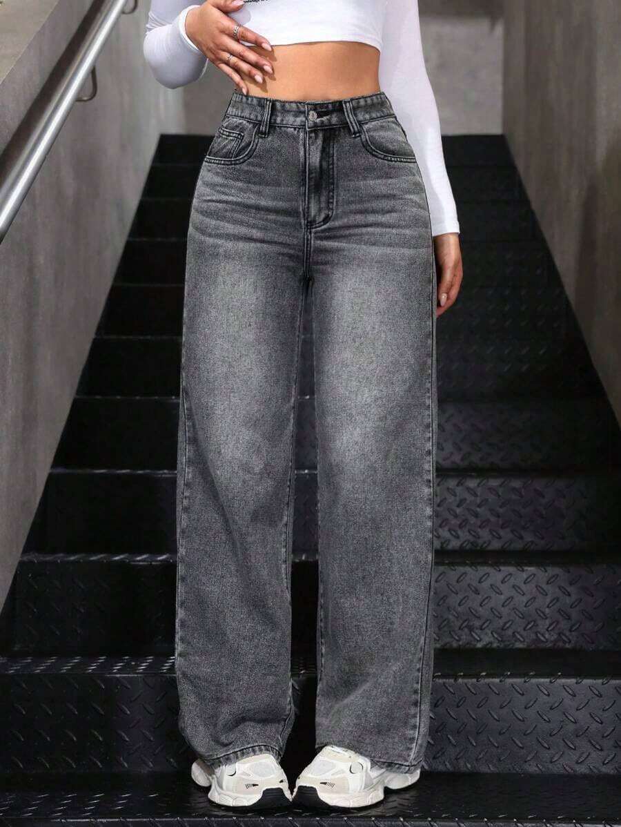 Pantalones vaqueros anchos sueltos y versátiles de mujer con diseño de bolsillos - Gris - Ver 1
