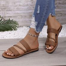 Women's Solid Color Fashion Slippers, Woven Lightweight Flat Sandals, Comfortable Beach Slippers - Brown Woven - View 8