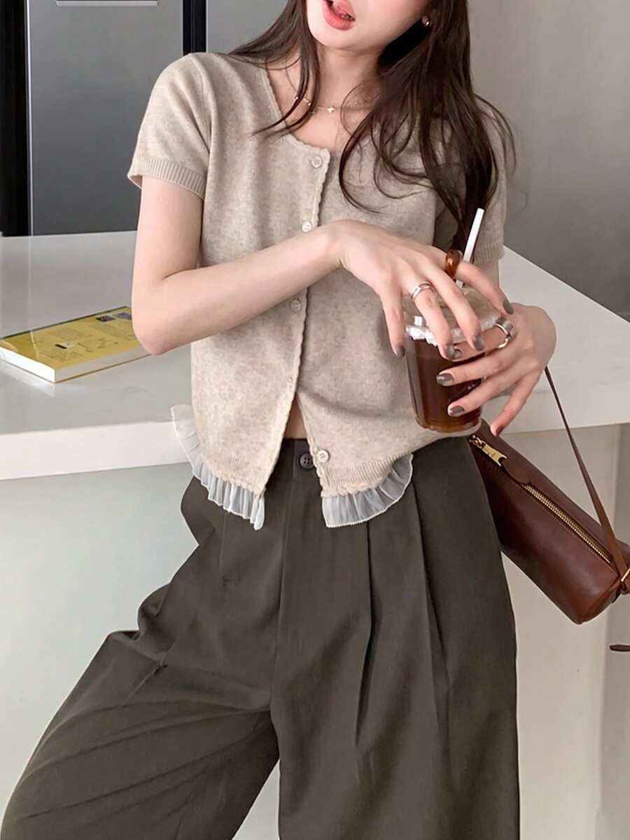 可愛蕾絲飾邊甜美溫柔優雅純色圓領針織短袖上衣夏季 - 駝色 - 查看 1