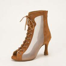 1 Pasang Sepatu Dansa Latin Ballroom Seksi Modis Bahan Suede Cokelat dengan Resleting Belakang Tinggi - Coklat - View 3