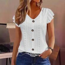 2025 Tops sexis para mujer, camisas informales de manga corta con cuello en V de Color sólido, blusas informales holgadas de moda con botones para mujer de verano - XF7733 Blanco - Ver 1