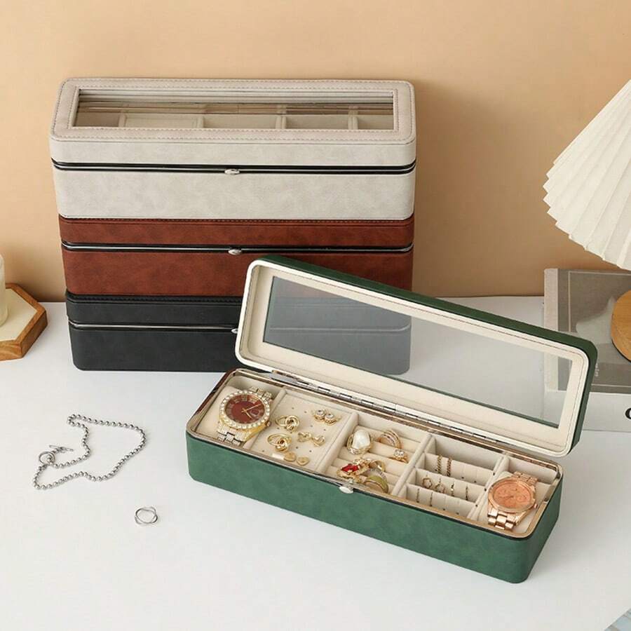 Hộp trưng bày đồng hồ 5 ngăn, hộp đựng trang sức unisex có nắp kính và khóa an toàn, hộp đựng đồng hồ du lịch bằng da cao cấp.
