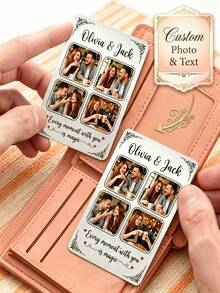 1pcCustom Photo Collage Metal Wallet Insert Card, Personalized Couple Keepsake Card, Customizable Text Photo Card, Mini Pocket Memory Card Stainless Steel Material, Brushed Metal Finish, Engraved & Printed, Slim Credit Card Size, Long-Lasting Couples - Brown - View 3