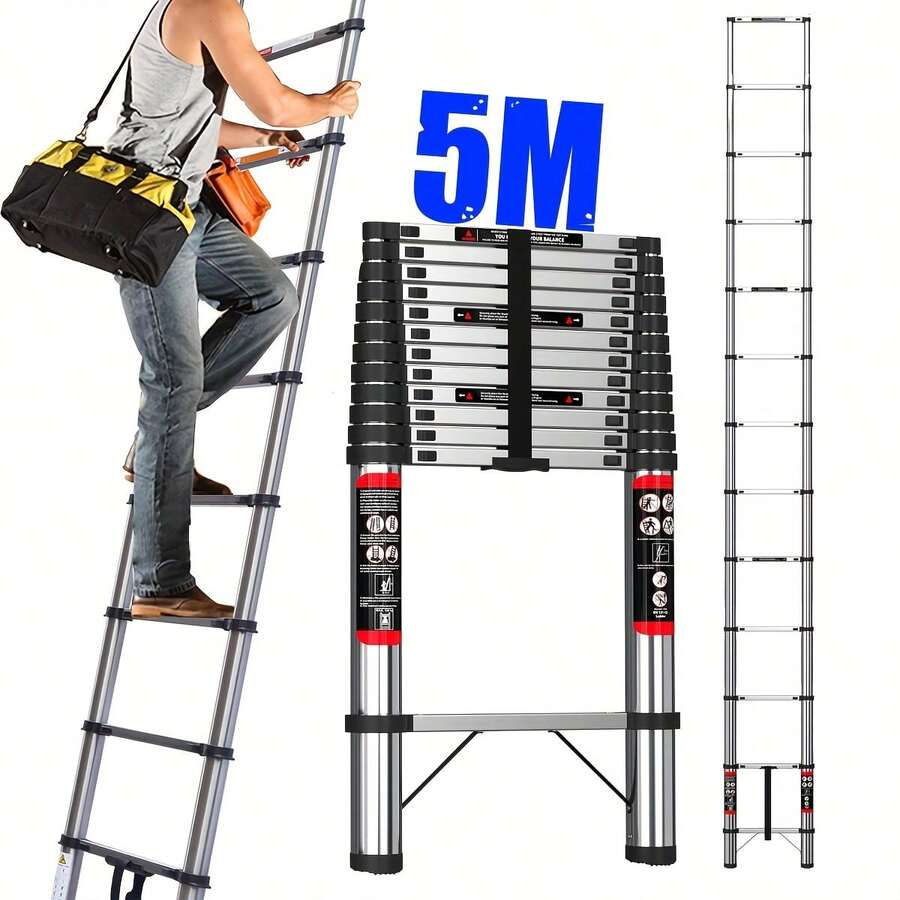 Escalera Telescópica de 5m con Pies Antideslizantes, Escalera Compacta Multiusos de Acero Inoxidable, Escalera Plegable para Hogar, RV, Techo, ático, Acceso al ático,Escalera Ahorradora de Espacio,Escalera Ligera,Escalera Ajustable,Escalera Multiusos,Propietarios de viviendas,Entusiastas del