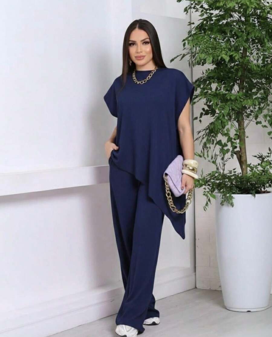 Women's Set: Blouse + Asymmetrical Wide-Leg Pants In Seersucker - 2026 , Elegant, Comfortable, Airport Look, São João, Festa Junina - 寶藍色 - 查看 1