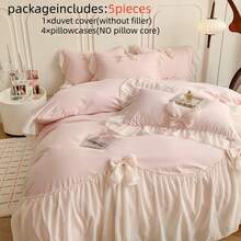 Juego de ropa de cama con volantes de gasa de 5 piezas (1 funda nórdica + 4 fundas de almohada, sin relleno), estilo princesa con lazo 3D rosa y blanco, tamaño queen, suave y cómodo, adecuado para todas las estaciones, con lazos en las esquinas, ideal para dormitorio, hotel - blanco - Ver 4