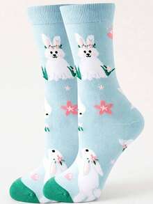 1 Pair Women's Funny Rabbit & Flower Pattern Versatile Sports & Casual Socks, Suitable For Spring And Autumn - Multicolor - View 6