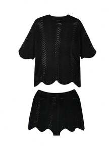 Bộ 2 món áo ngắn tay dệt kim móc rỗng và quần short thường ngày phong cách thời trang Âu Mỹ mùa xuân cho nữ, đi nghỉ mát, đi biển - màu đen - Xem 9
