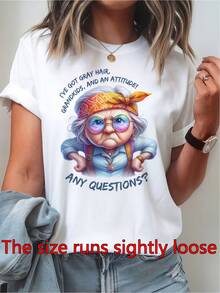 Angry Gran Graphic Tee | Funny Grumpy Hair And Attitude Slogan, Women's Crew Neck Short Sleeve Tee With  Glasses And Bandana Design, Casual Comfort Fit, Machine Washable, All Season - 白色 - 查看 1