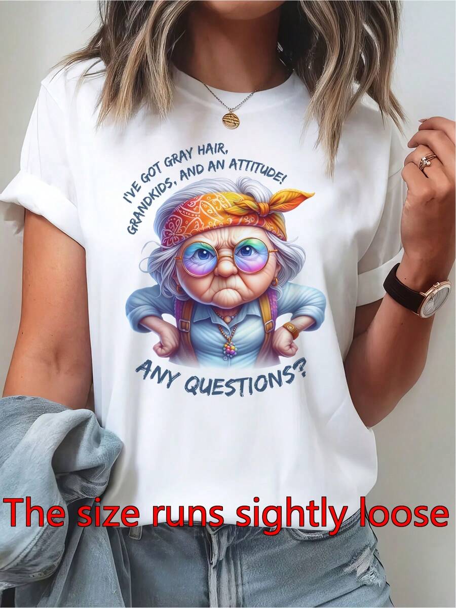 Angry Gran Graphic Tee | Funny Grumpy Hair And Attitude Slogan, Women's Crew Neck Short Sleeve Tee With  Glasses And Bandana Design, Casual Comfort Fit, Machine Washable, All Season - 白色 - 查看 1