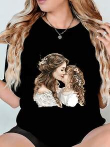 Mother And Daughter T-Shirts With A Kiss And Floral Wreaths, Designed For Comfort With A Crew Neck, Machine Washable, Perfect For Everyday Wear And Mother's Day - Black - View 1